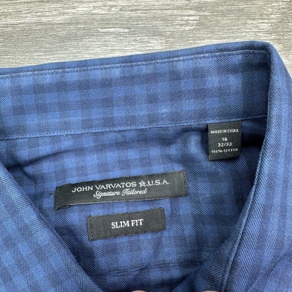 John Varvatos Slim Fit Tailored Dress Shirt Mens 16 32/33 Blue Check Preppy - Picture 2 of 15